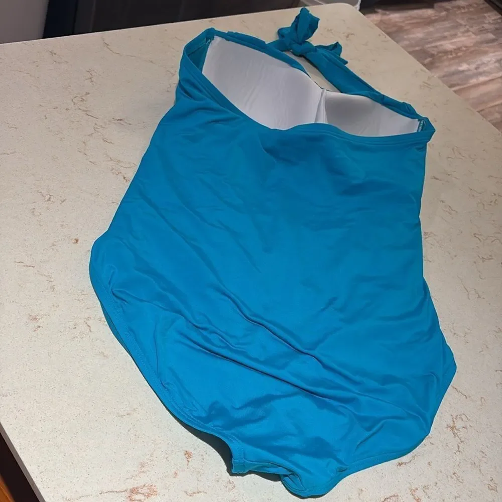 Jantzen Teal Swimsuit bejeweled chest one piece halter top SZ 16 Jeweled sequins